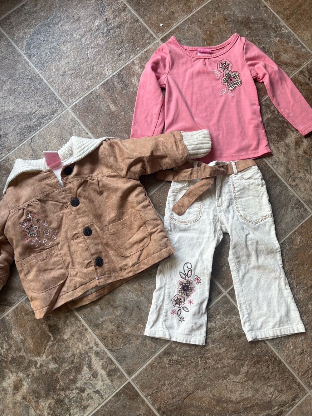 Kids 3-Piece Pink & Tan Jacket Set - Floral Embroidered